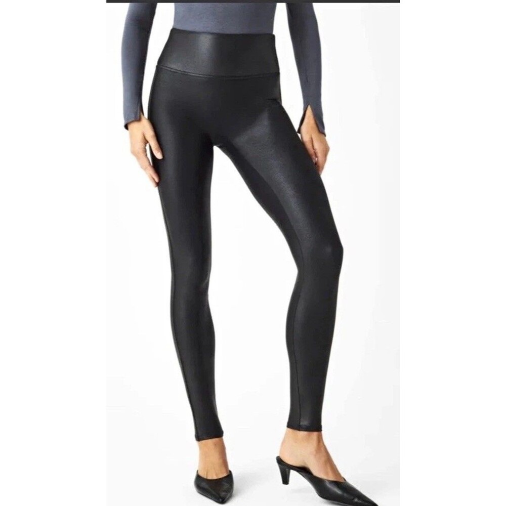 SPANX Black Faux Leather High-Waisted Leggings size LARGE